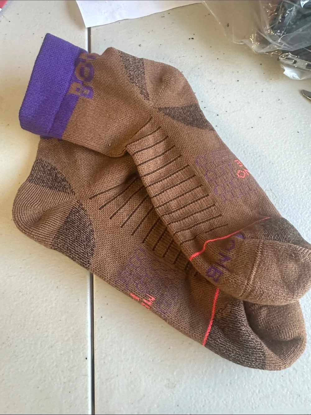 Men's Bombas Performance Ankle Sock in Brown with Purple Cuff Merino Wool Blend